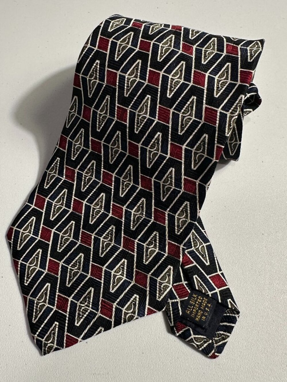 XMI Vintage Mens Tie 100% Silk Tie Geometric Made in USA Red/Navy/White
